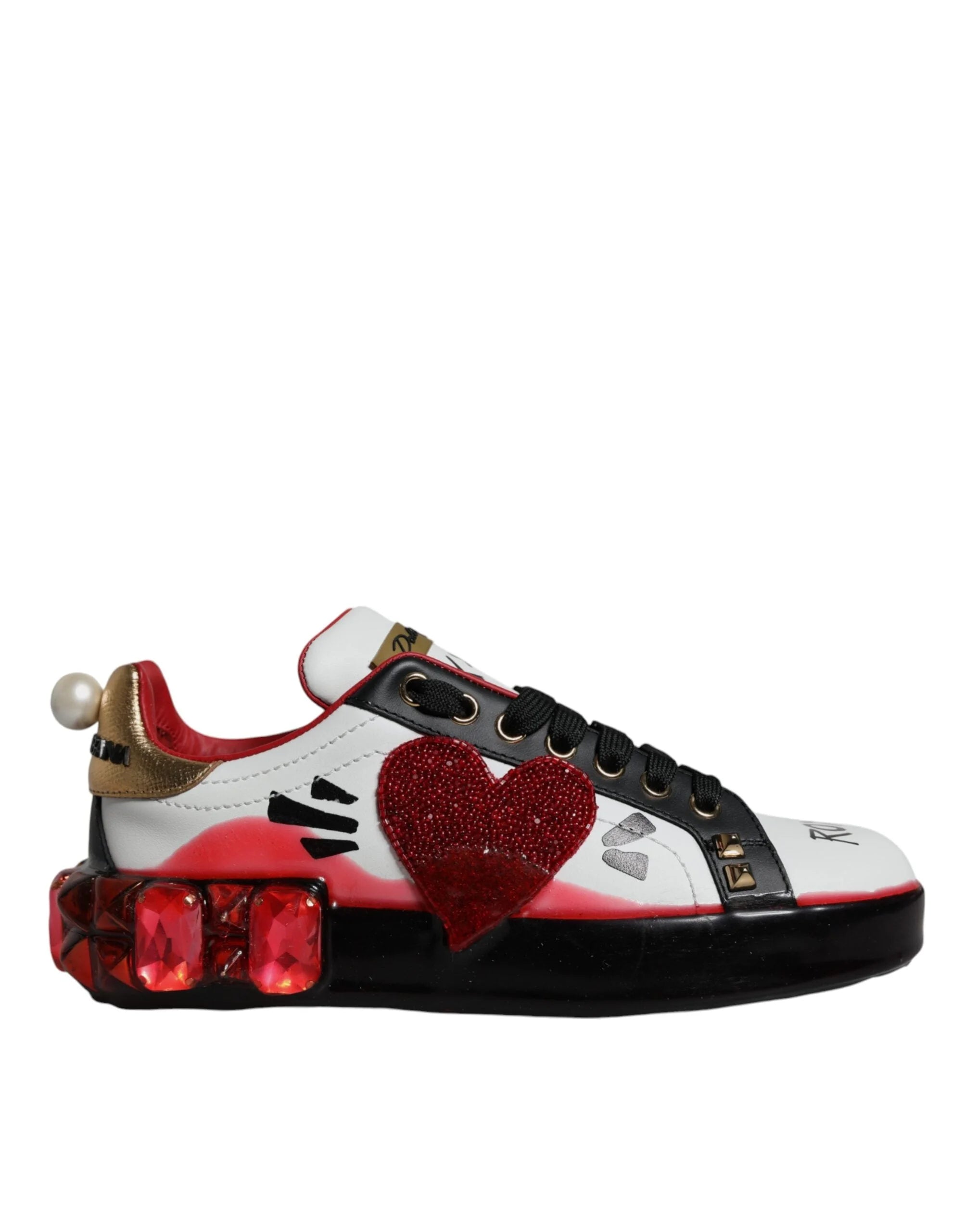 Dolce & Gabbana White Red Crystals Leather Portofino Sneakers Shoes - EU36.5/US6