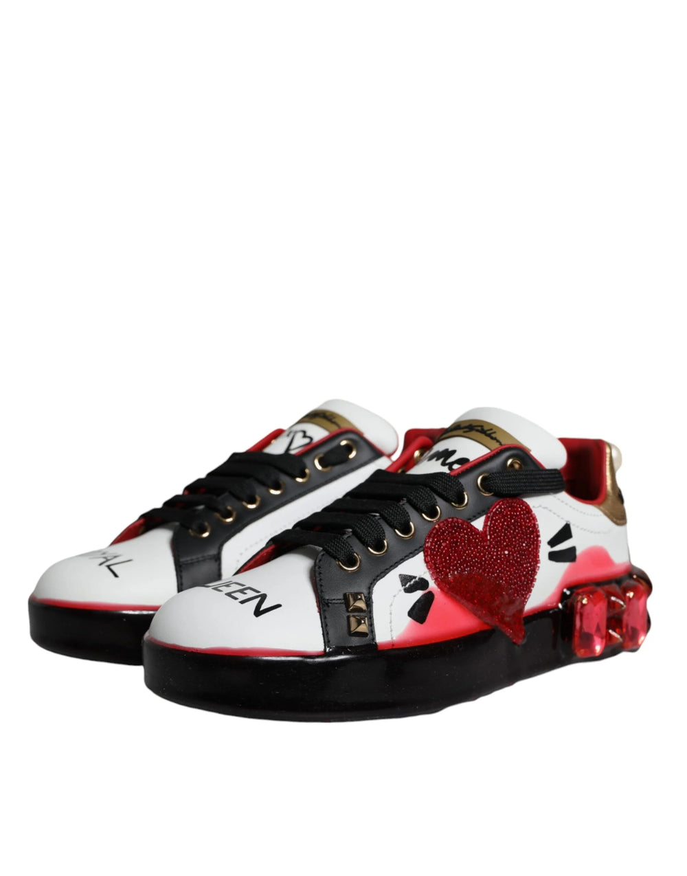 Dolce & Gabbana White Red Crystals Leather Portofino Sneakers Shoes - Sneakers