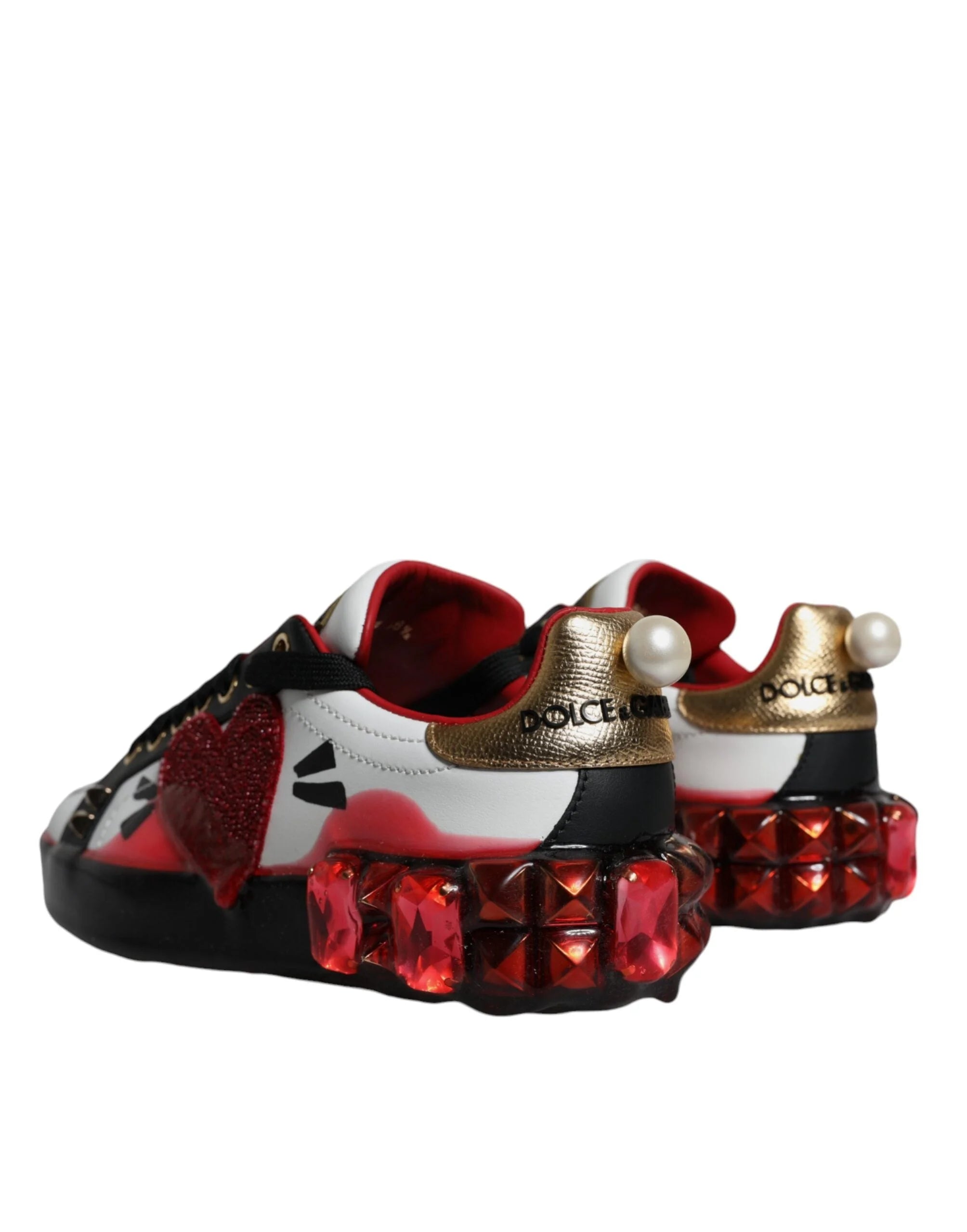 Dolce & Gabbana White Red Crystals Leather Portofino Sneakers Shoes - Sneakers