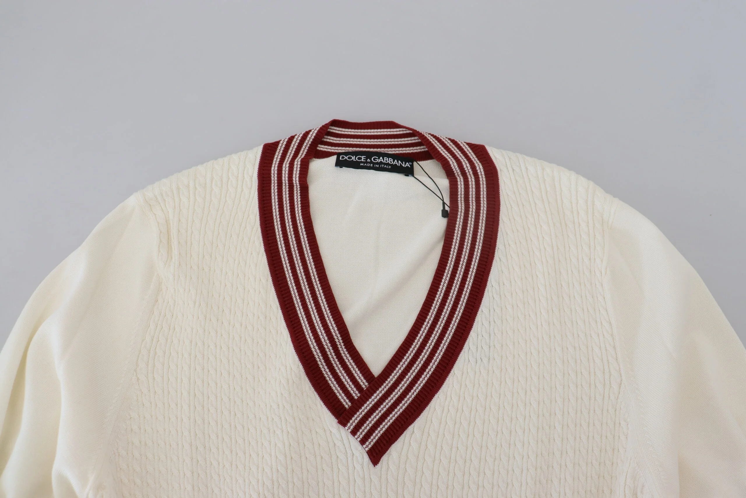 Dolce & Gabbana White Red Knitted V-neck Pullover Sweater - IT46 | S - Sweaters