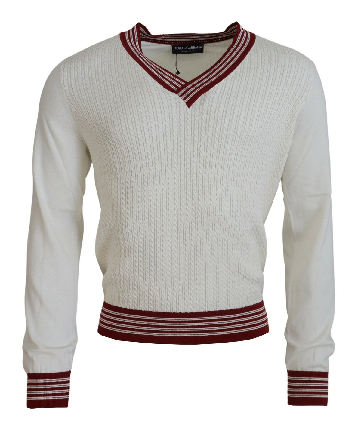 Dolce & Gabbana White Red Knitted V-neck Pullover Sweater - IT46 | S - Sweaters
