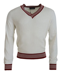Dolce & Gabbana White Red Knitted V-neck Pullover Sweater - IT46 | S - Sweaters
