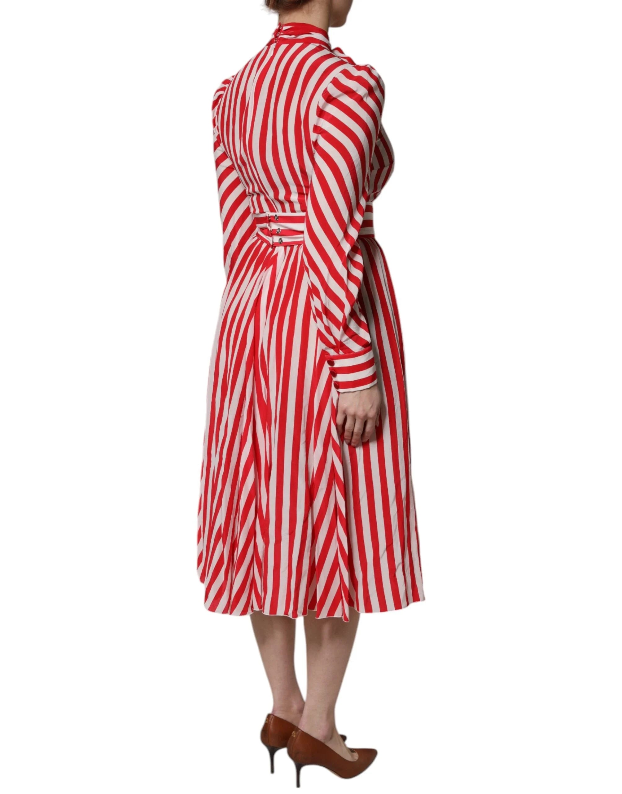Dolce & Gabbana White Red Stripes Long Sleeves Midi Dress - Dresses