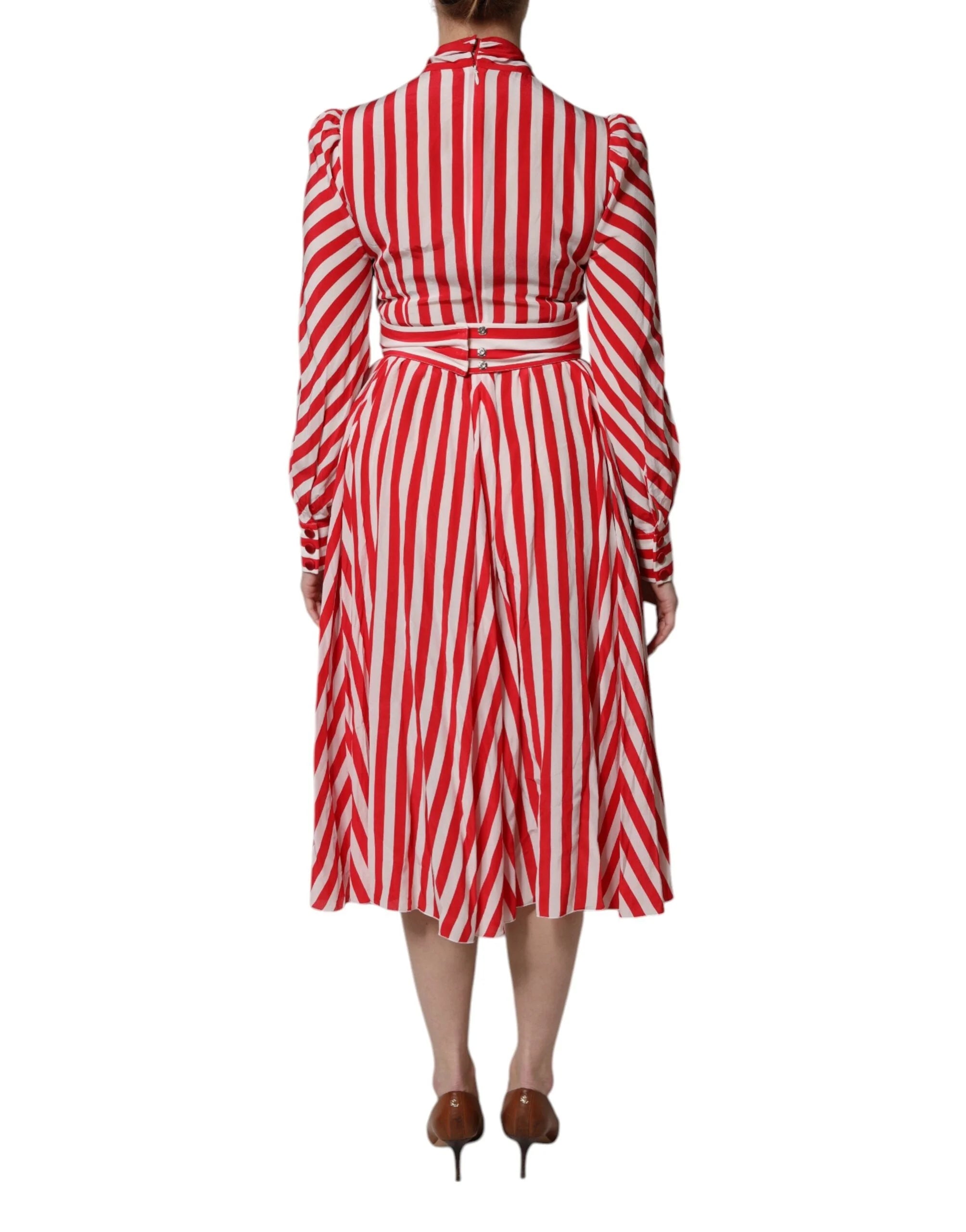 Dolce & Gabbana White Red Stripes Long Sleeves Midi Dress - Dresses