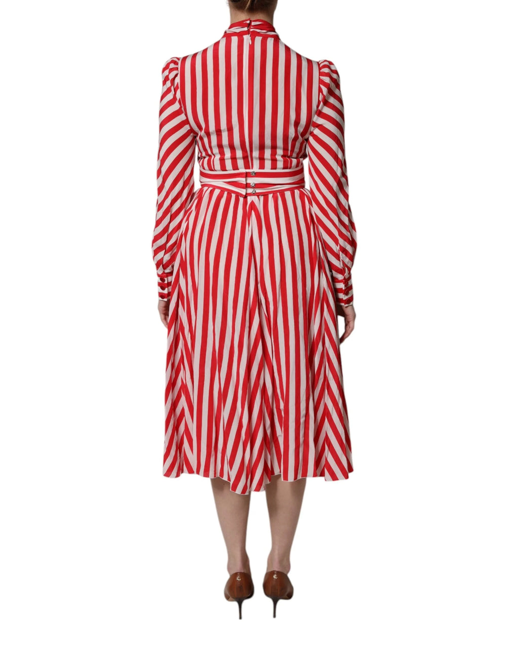 Dolce & Gabbana White Red Stripes Long Sleeves Midi Dress - Dresses