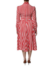 Dolce & Gabbana White Red Stripes Long Sleeves Midi Dress - Dresses