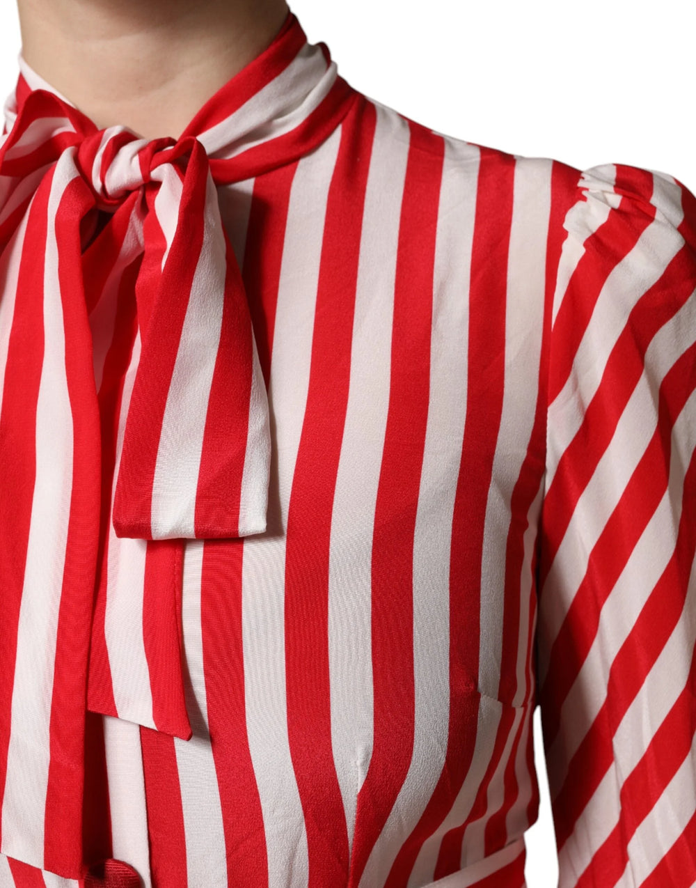 Dolce & Gabbana White Red Stripes Long Sleeves Midi Dress - Dresses