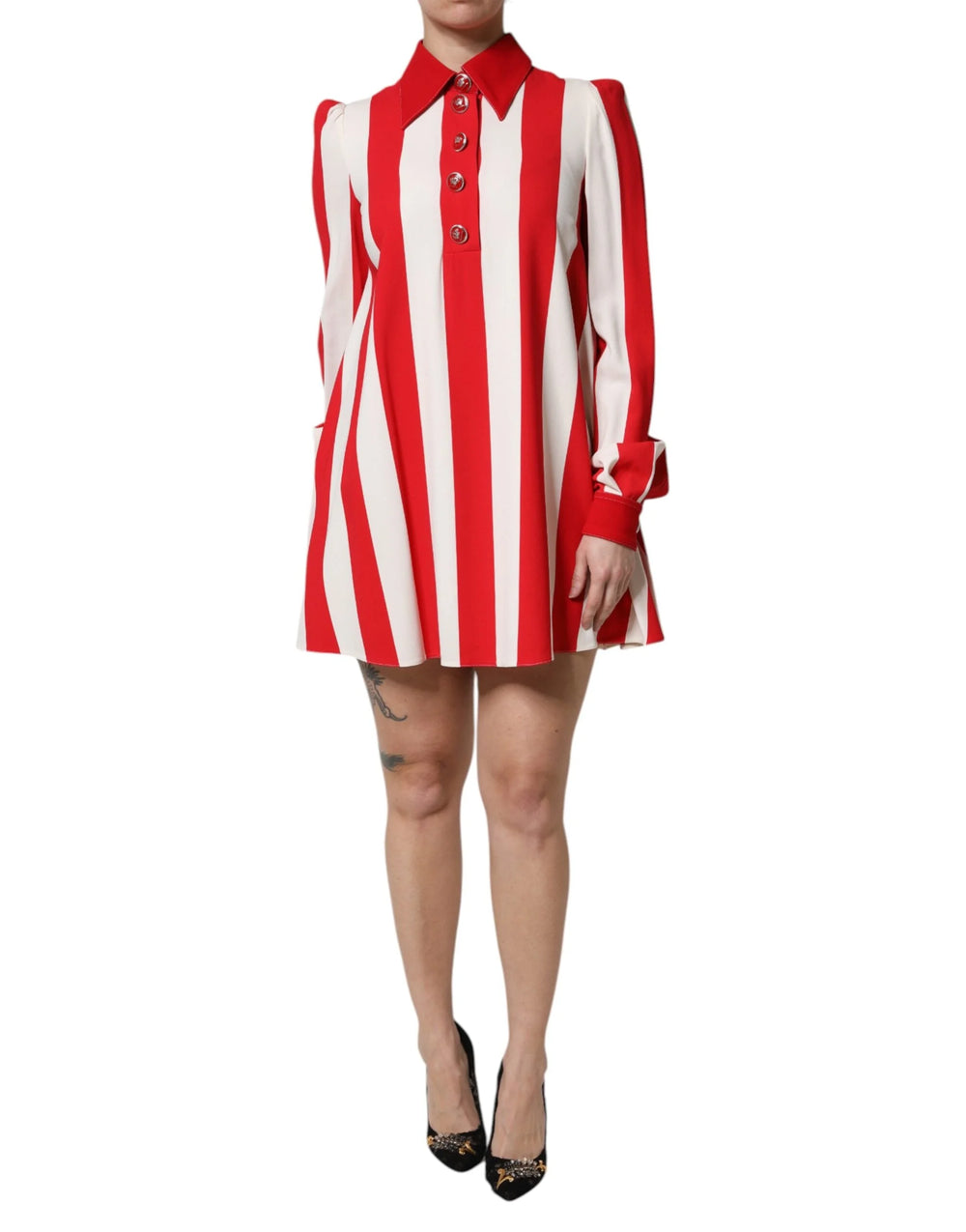 Dolce & Gabbana White Red Stripes Long Sleeves Mini Dress - Dresses