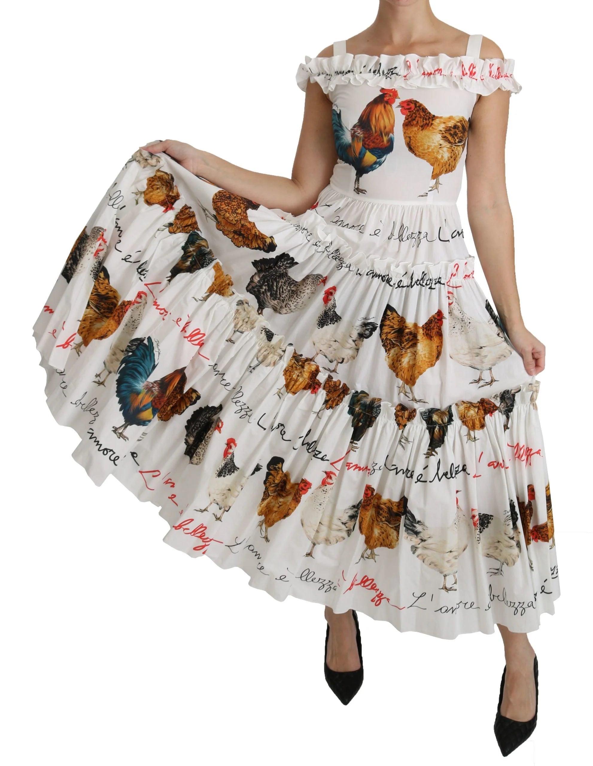 Dolce & Gabbana White Rooster Sheath Midi Cotton Dress - Dresses