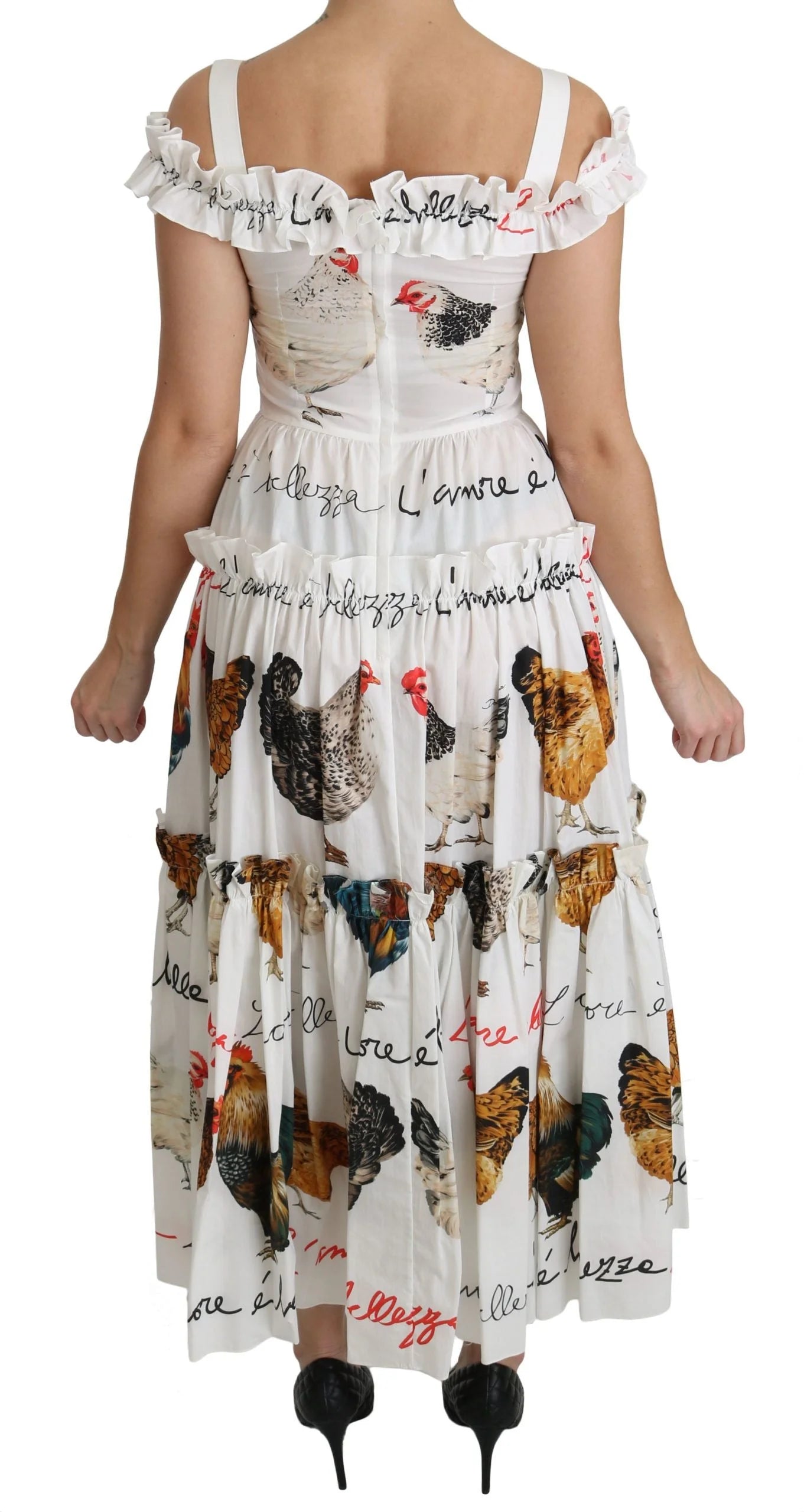 Dolce & Gabbana White Rooster Sheath Midi Cotton Dress - Dresses