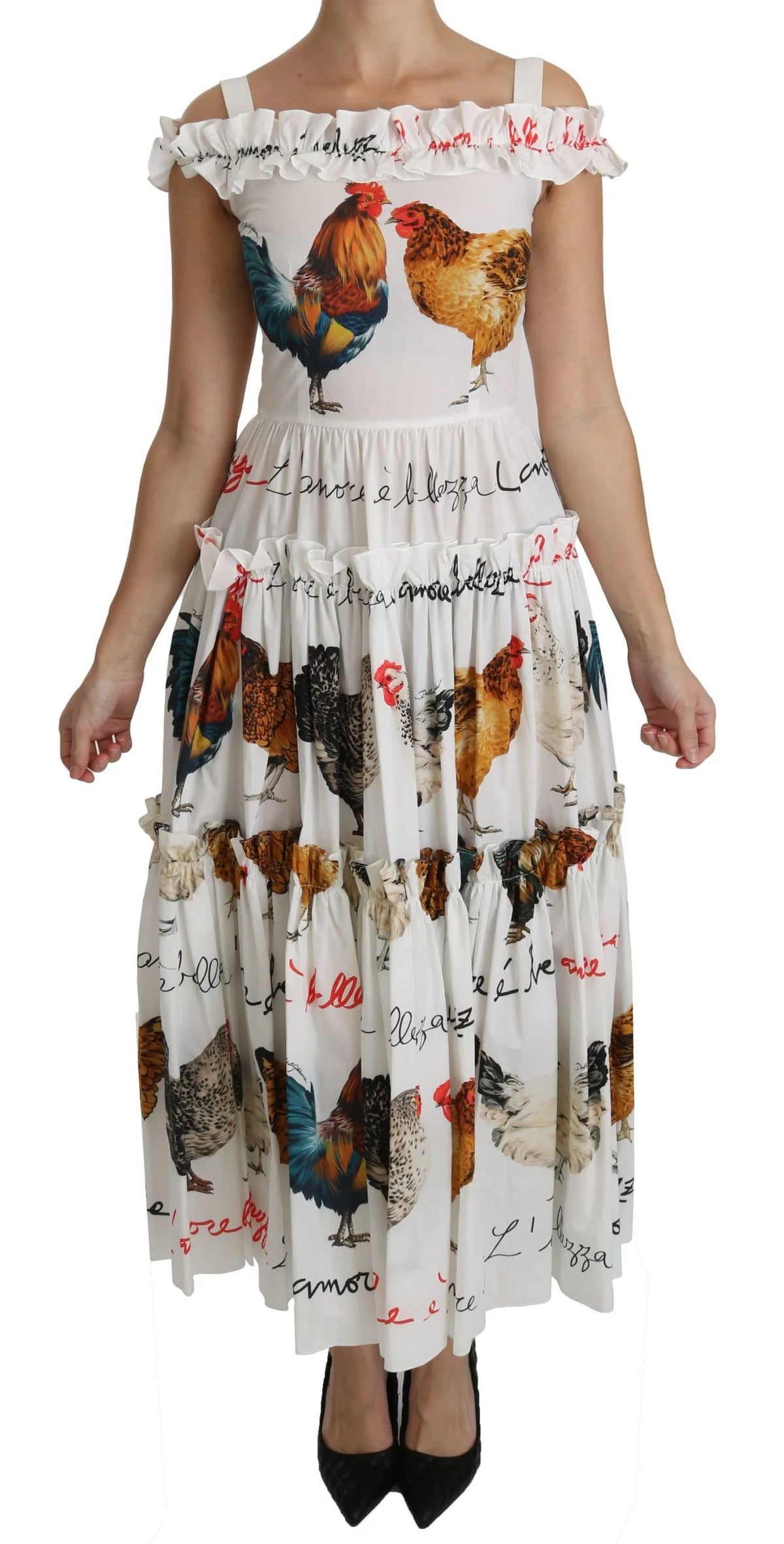 Dolce & Gabbana White Rooster Sheath Midi Cotton Dress - Dresses