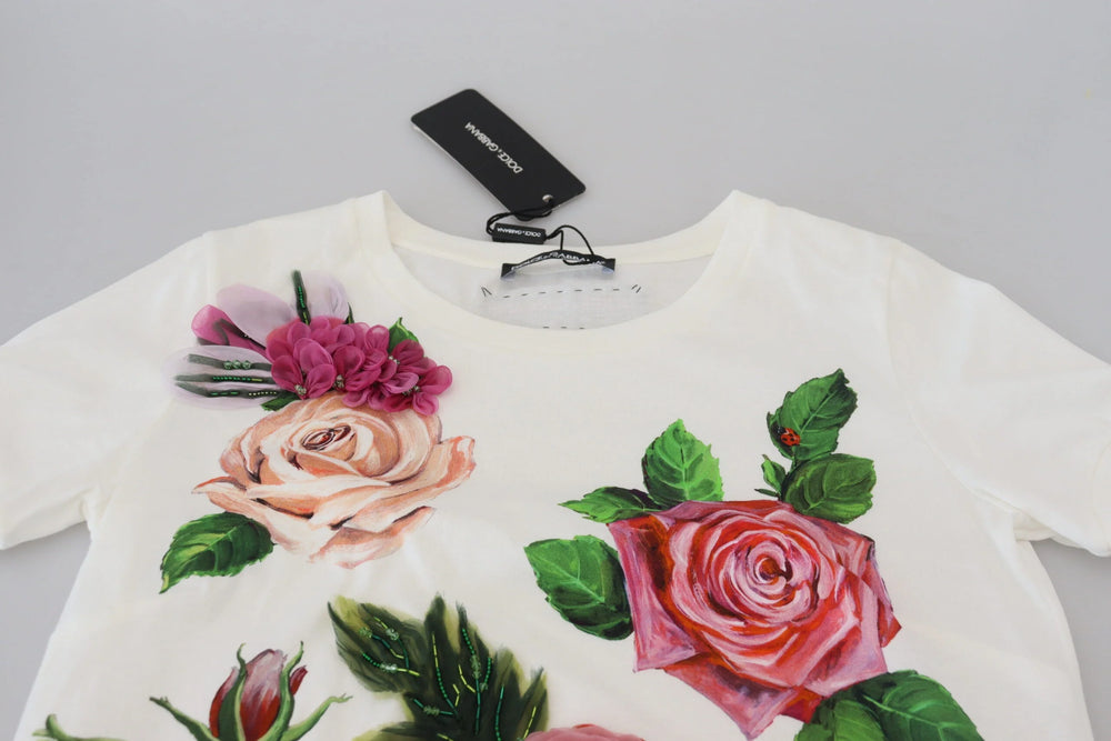 Dolce & Gabbana White Rose DGLogo Printed Short Sleeves Top - IT36|XXS - T-Shirts