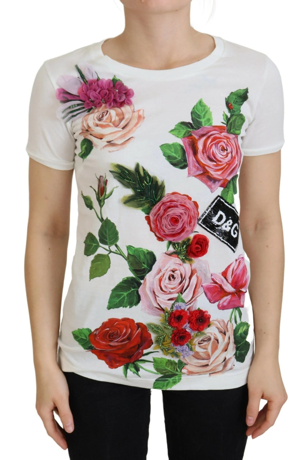 Dolce & Gabbana White Rose DGLogo Printed Short Sleeves Top - IT36|XXS - T-Shirts