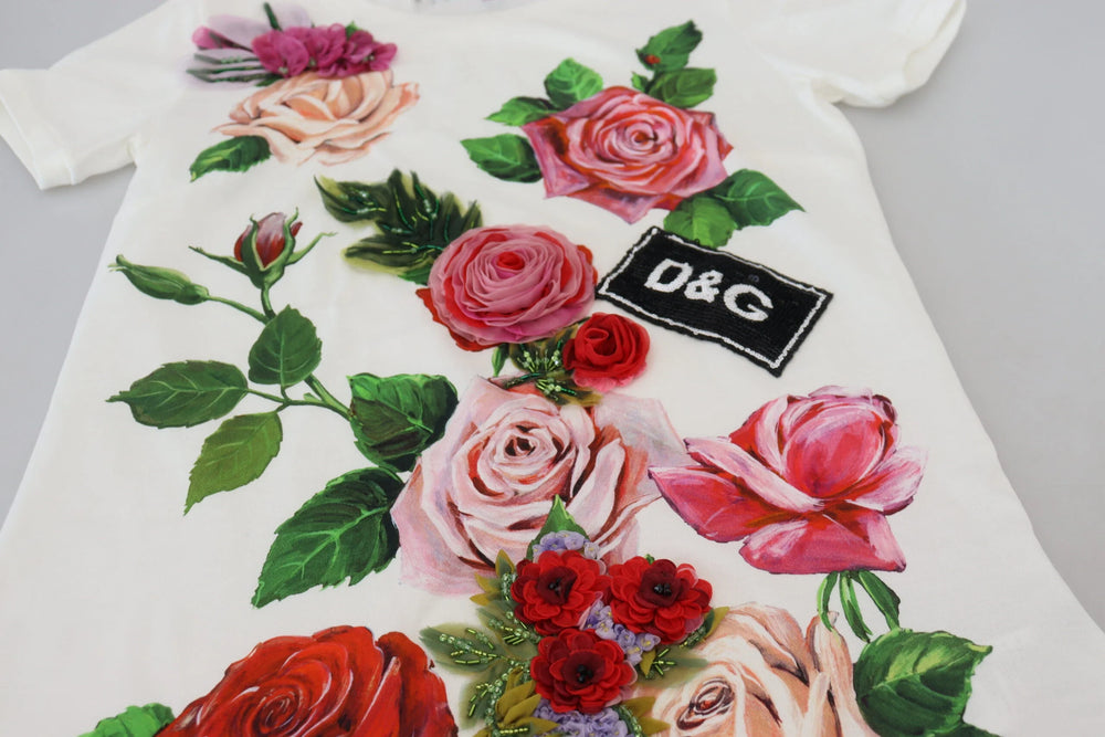 Dolce & Gabbana White Rose DGLogo Printed Short Sleeves Top - IT36|XXS - T-Shirts