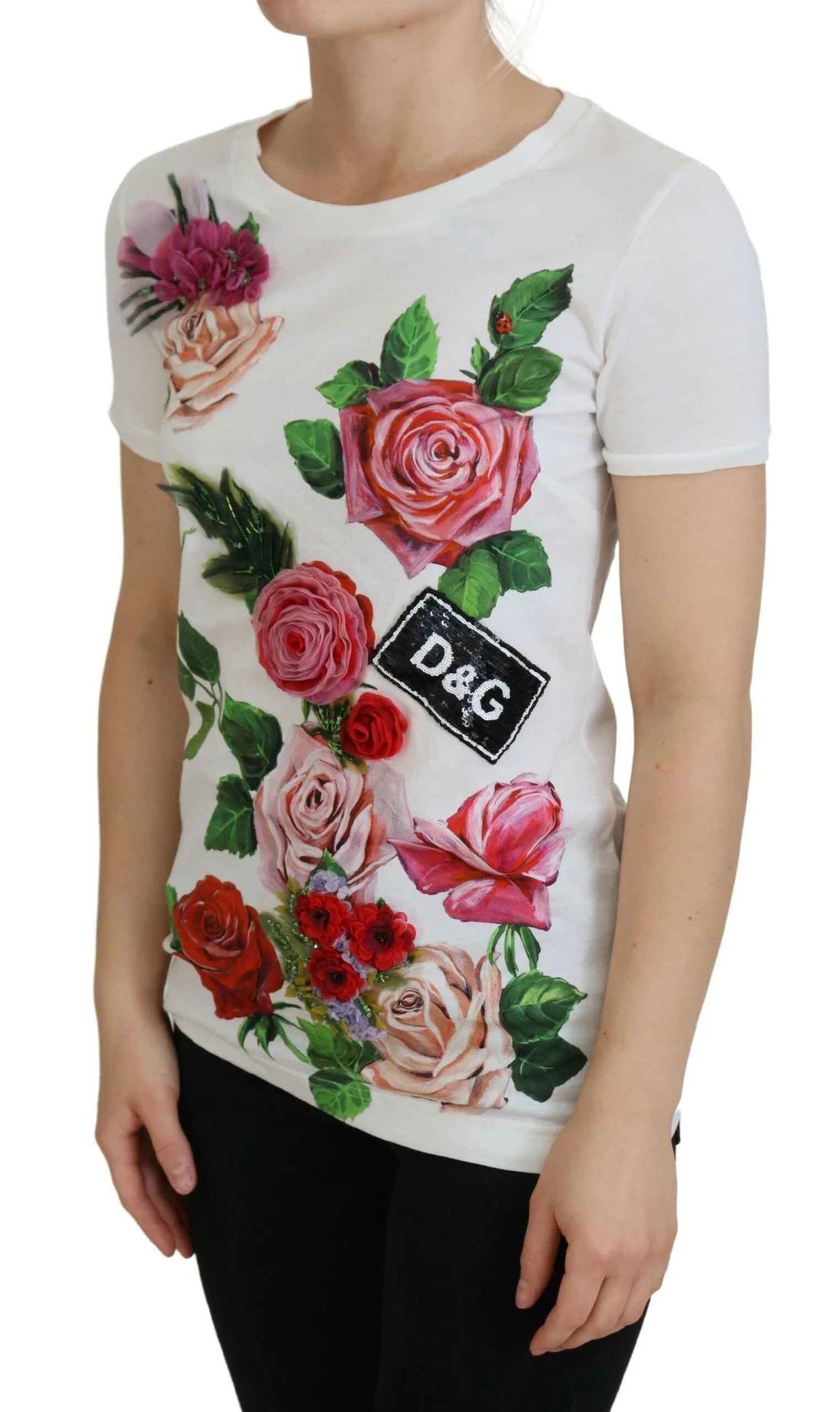 Dolce & Gabbana White Rose DGLogo Printed Short Sleeves Top - IT36|XXS - T-Shirts
