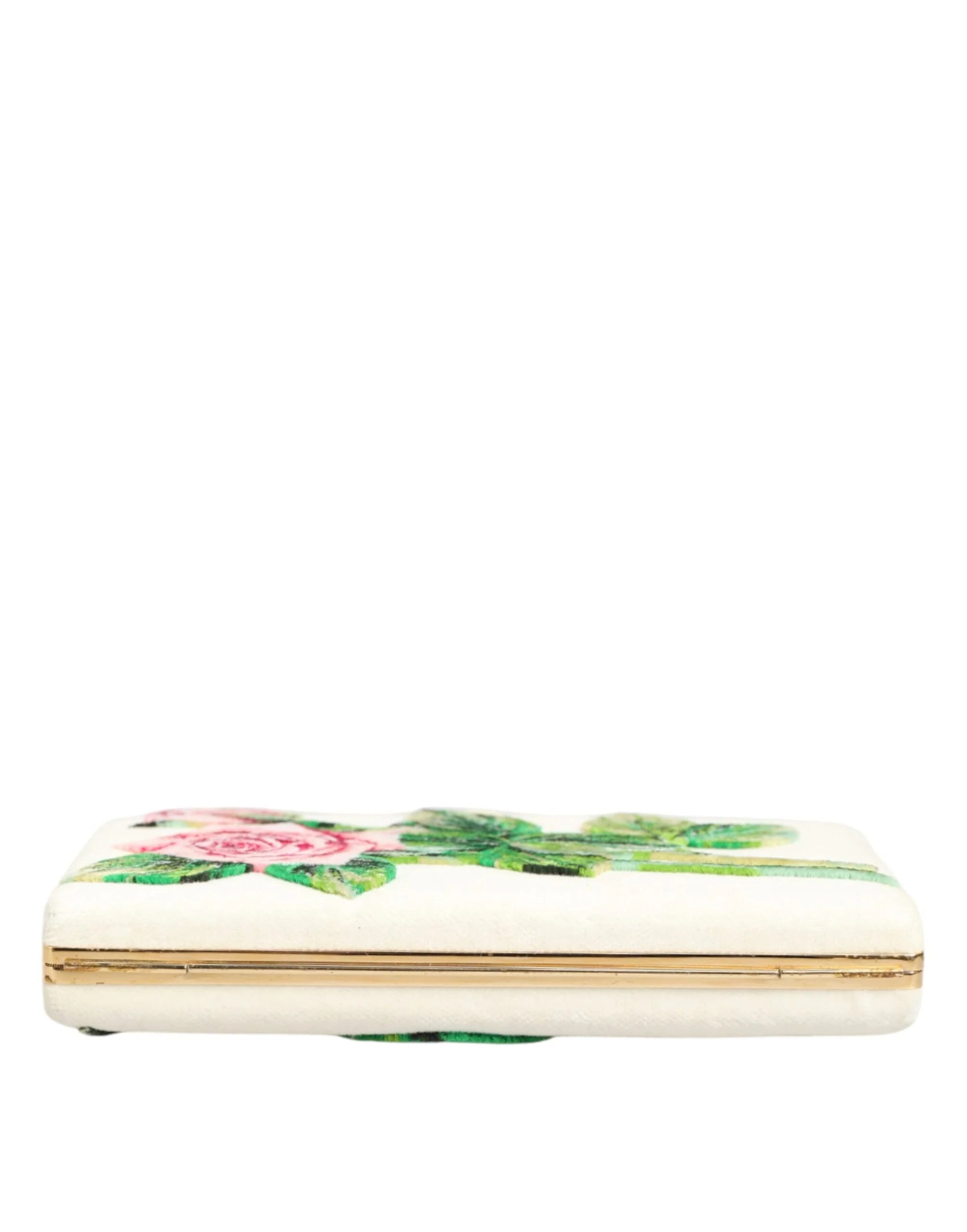 Dolce & Gabbana White Rose Embroidery Silk Gold Frame Clutch Purse Bag - Clutch Bags