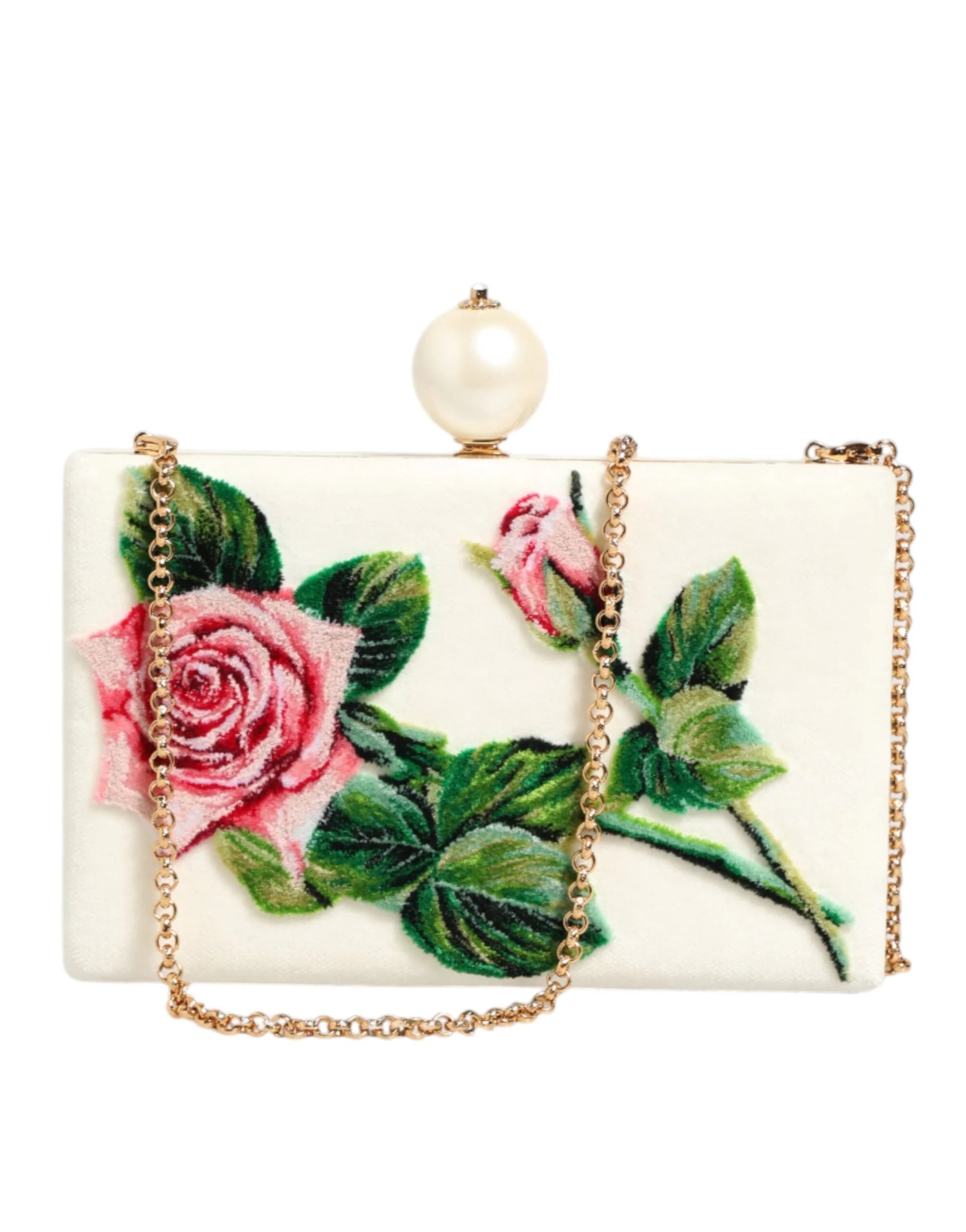 Dolce & Gabbana White Rose Embroidery Silk Gold Frame Clutch Purse Bag - Clutch Bags