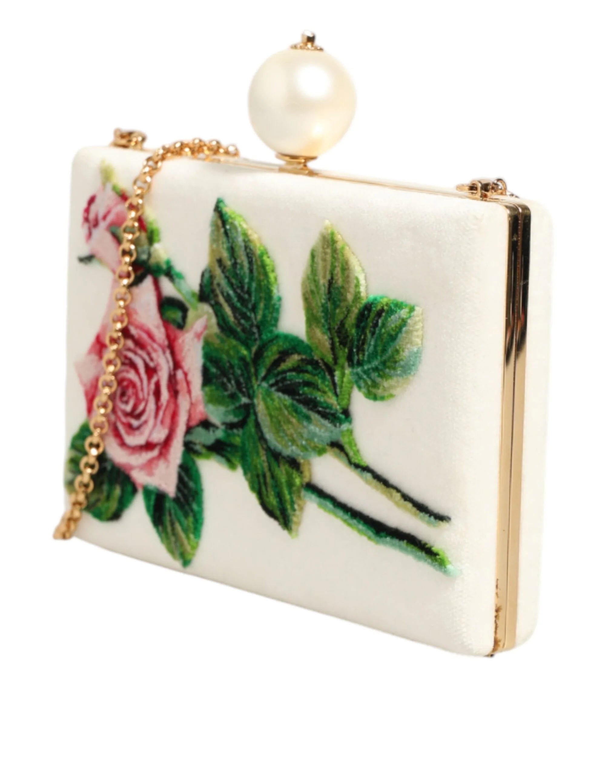 Dolce & Gabbana White Rose Embroidery Silk Gold Frame Clutch Purse Bag - Clutch Bags