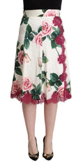 Dolce & Gabbana White Rose Print High Waist Midi A-line Skirt - Skirts