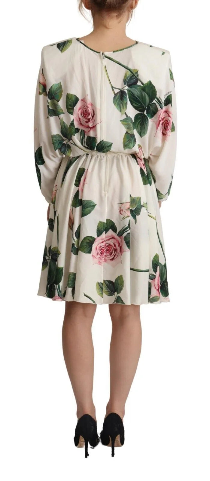 Dolce & Gabbana White Rose Print Long Sleeves A-line Dress - IT38|XS - Dresses