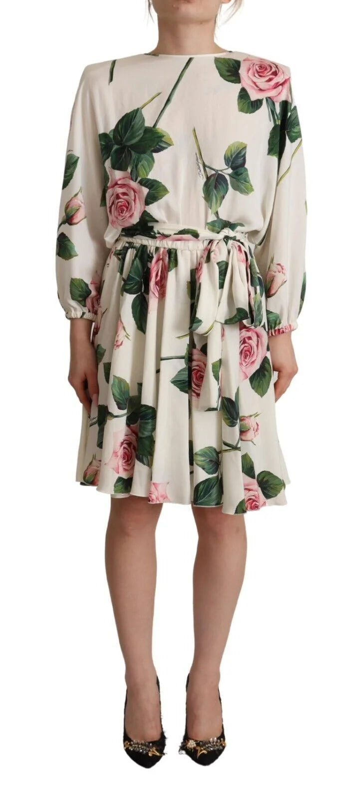 Dolce & Gabbana White Rose Print Long Sleeves A-line Dress - IT38|XS - Dresses