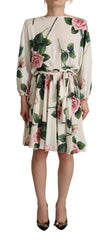 Dolce & Gabbana White Rose Print Long Sleeves A-line Dress - IT38|XS - Dresses