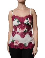 Dolce & Gabbana White Rose Print Satin Lace Tank Top Lingerie - Camisoles