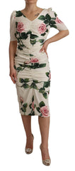 Dolce & Gabbana White Roses Print Stretch Silk Pleated Dress - Dresses