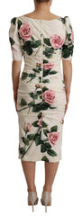 Dolce & Gabbana White Roses Print Stretch Silk Pleated Dress - Dresses