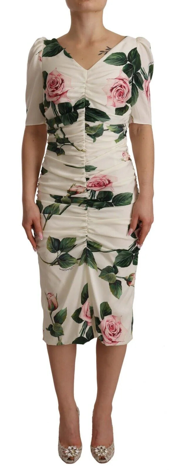 Dolce & Gabbana White Roses Print Stretch Silk Pleated Dress - Dresses
