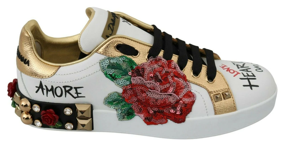 Dolce & Gabbana White Roses Sequined Crystal Womens Sneakers Shoes - Sneakers