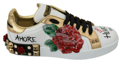 Dolce & Gabbana White Roses Sequined Crystal Womens Sneakers Shoes - Sneakers