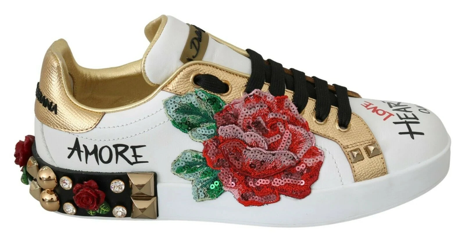 Dolce & Gabbana White Roses Sequined Crystal Womens Sneakers Shoes - Sneakers