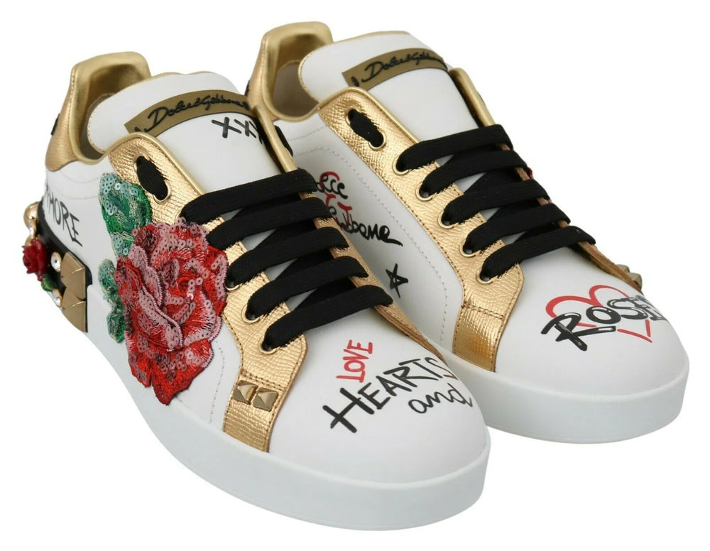 Dolce & Gabbana White Roses Sequined Crystal Womens Sneakers Shoes - Sneakers