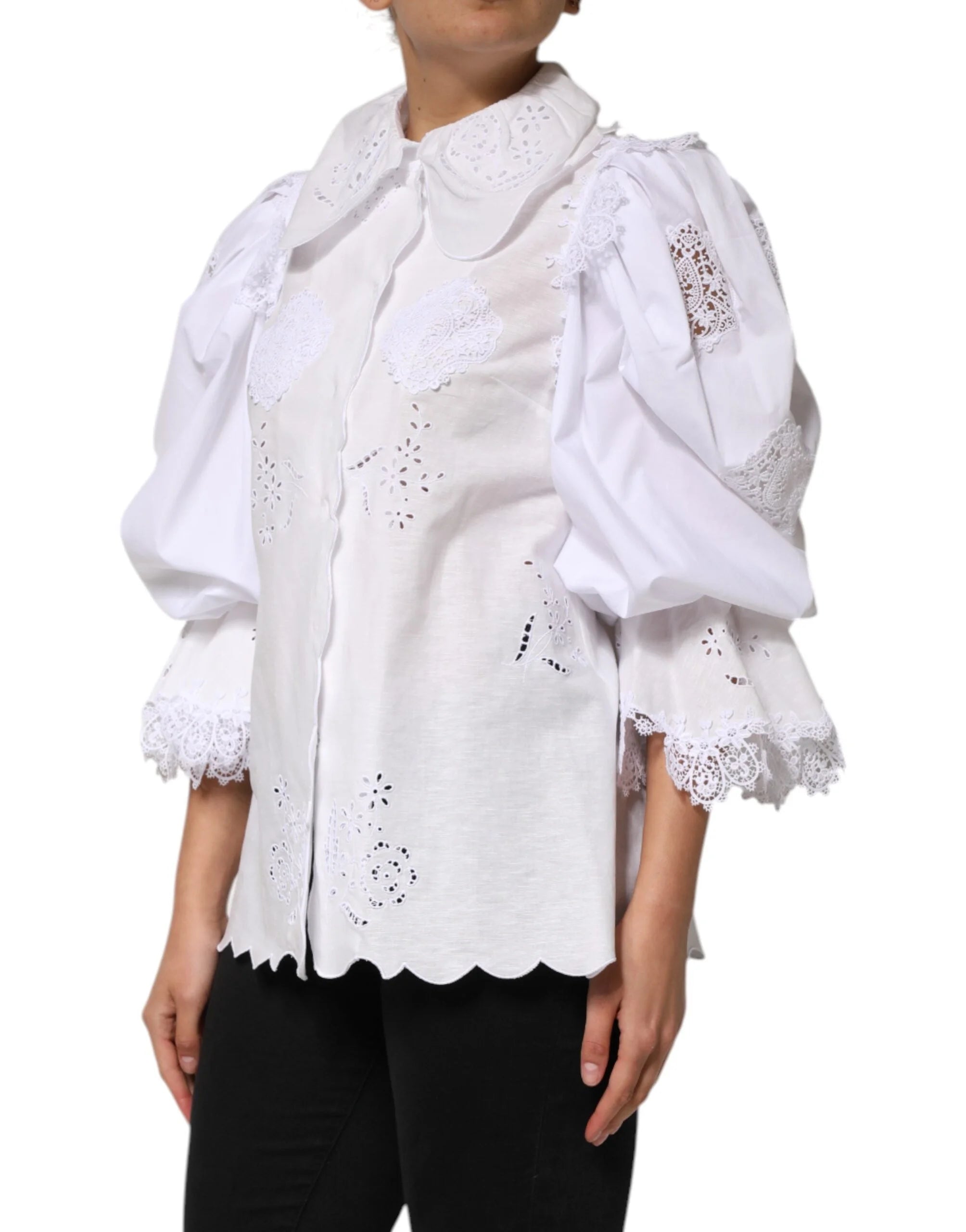 Dolce & Gabbana White Ruffled Lace Embellished Blouse Top - IT42|M - Blouses