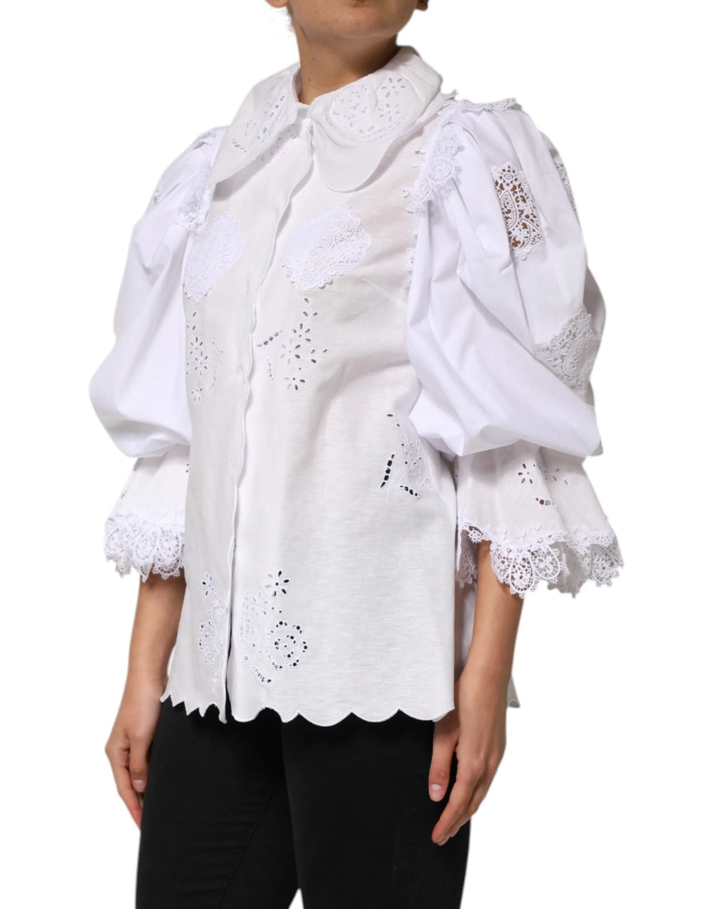 Dolce & Gabbana White Ruffled Lace Embellished Blouse Top - IT42|M - Blouses