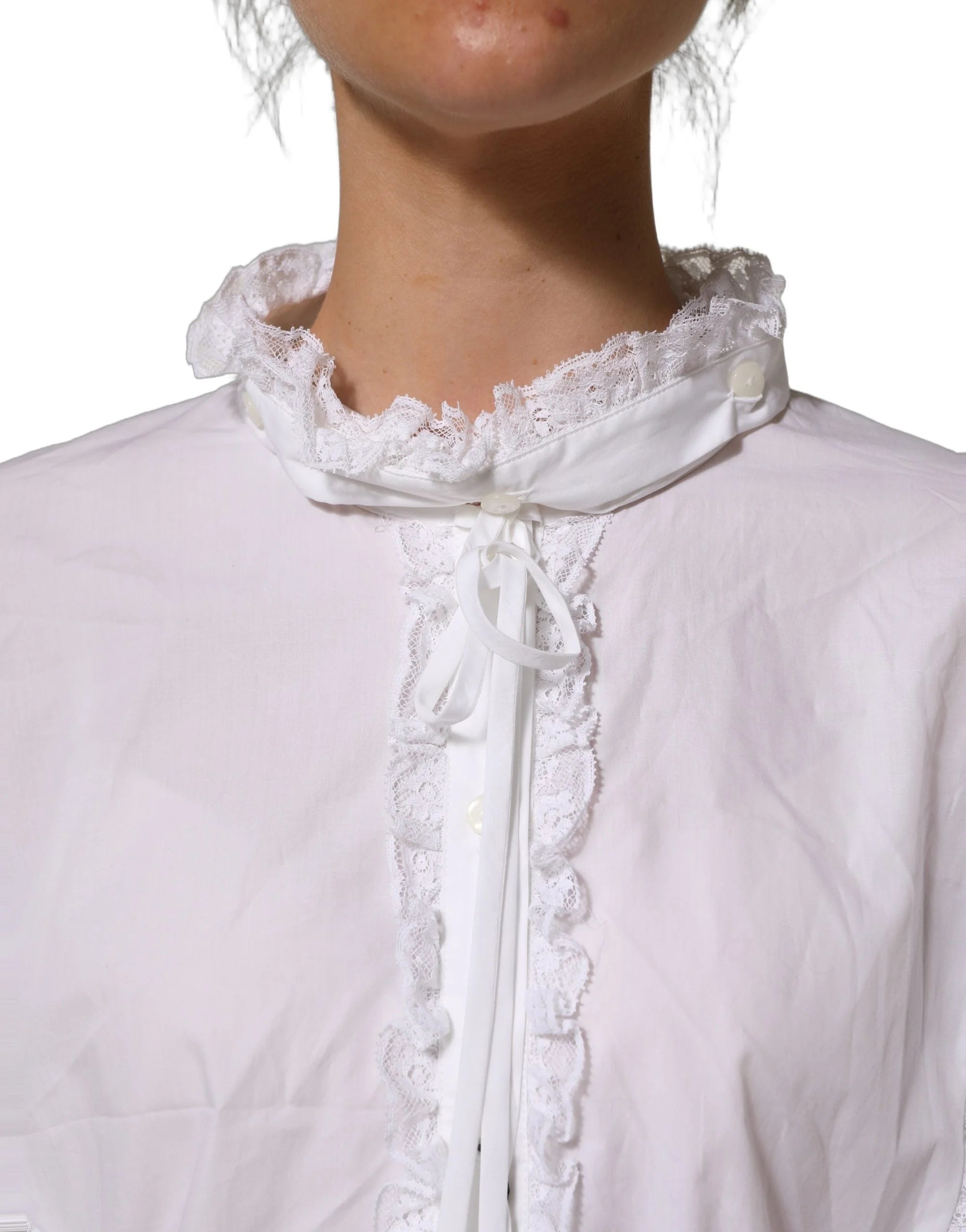 Dolce & Gabbana White Ruffled Lace Embellished Blouse Top - IT44 | L