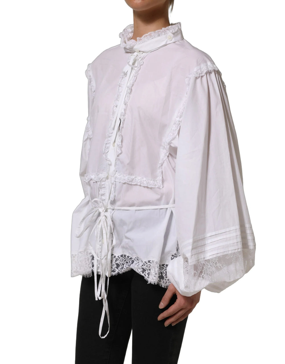 Dolce & Gabbana White Ruffled Lace Embellished Blouse Top - IT44 | L