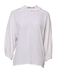 Dolce & Gabbana White Ruffled Neckline Blouse Pullover Top - IT36|XXS - Blouses