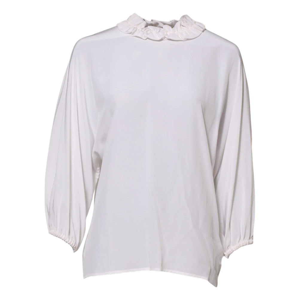 Dolce & Gabbana White Ruffled Neckline Blouse Pullover Top - IT36|XXS - Blouses
