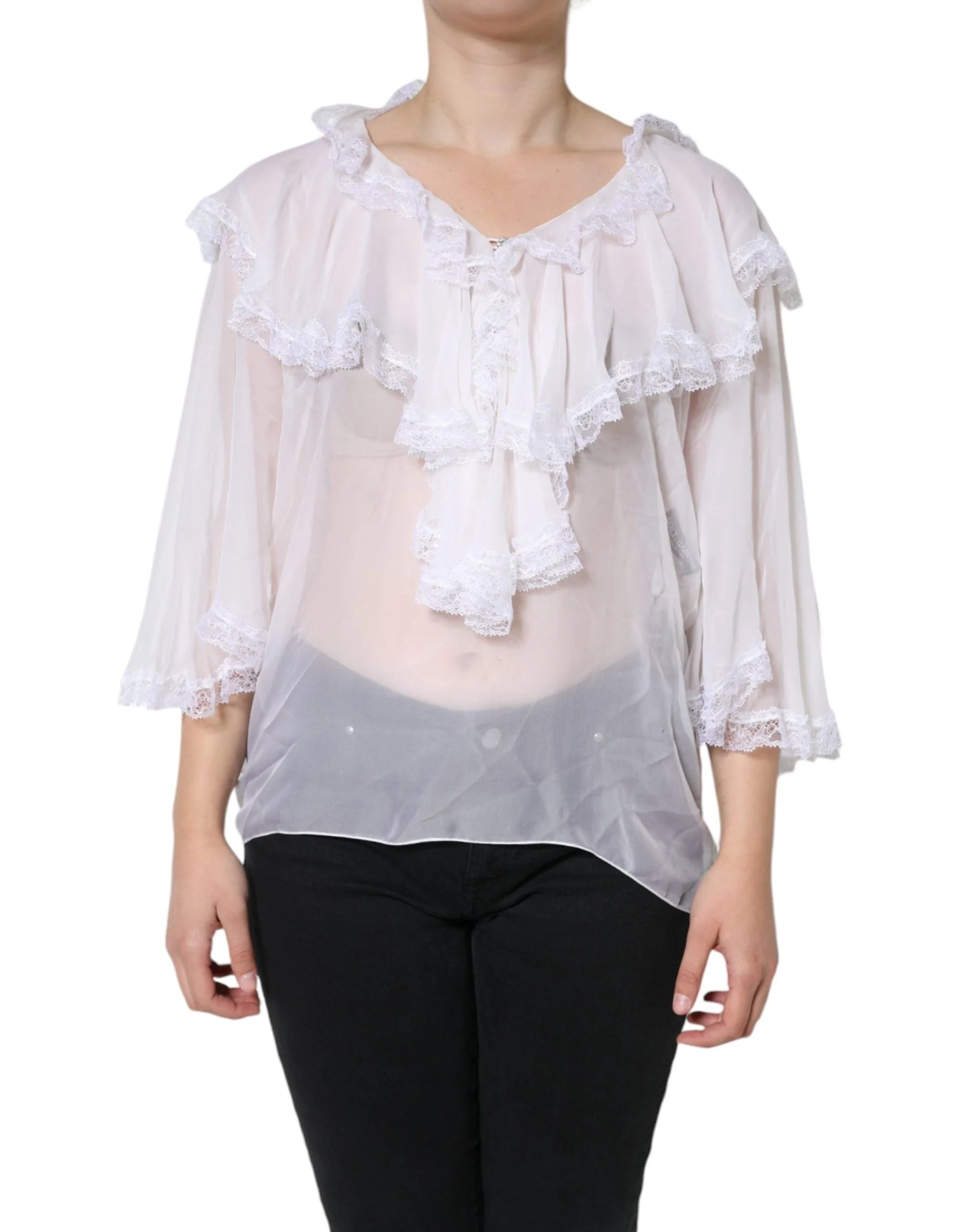 Dolce & Gabbana White Ruffles Lace Long Sleeve Blouse Top - IT44 | L - Blouses