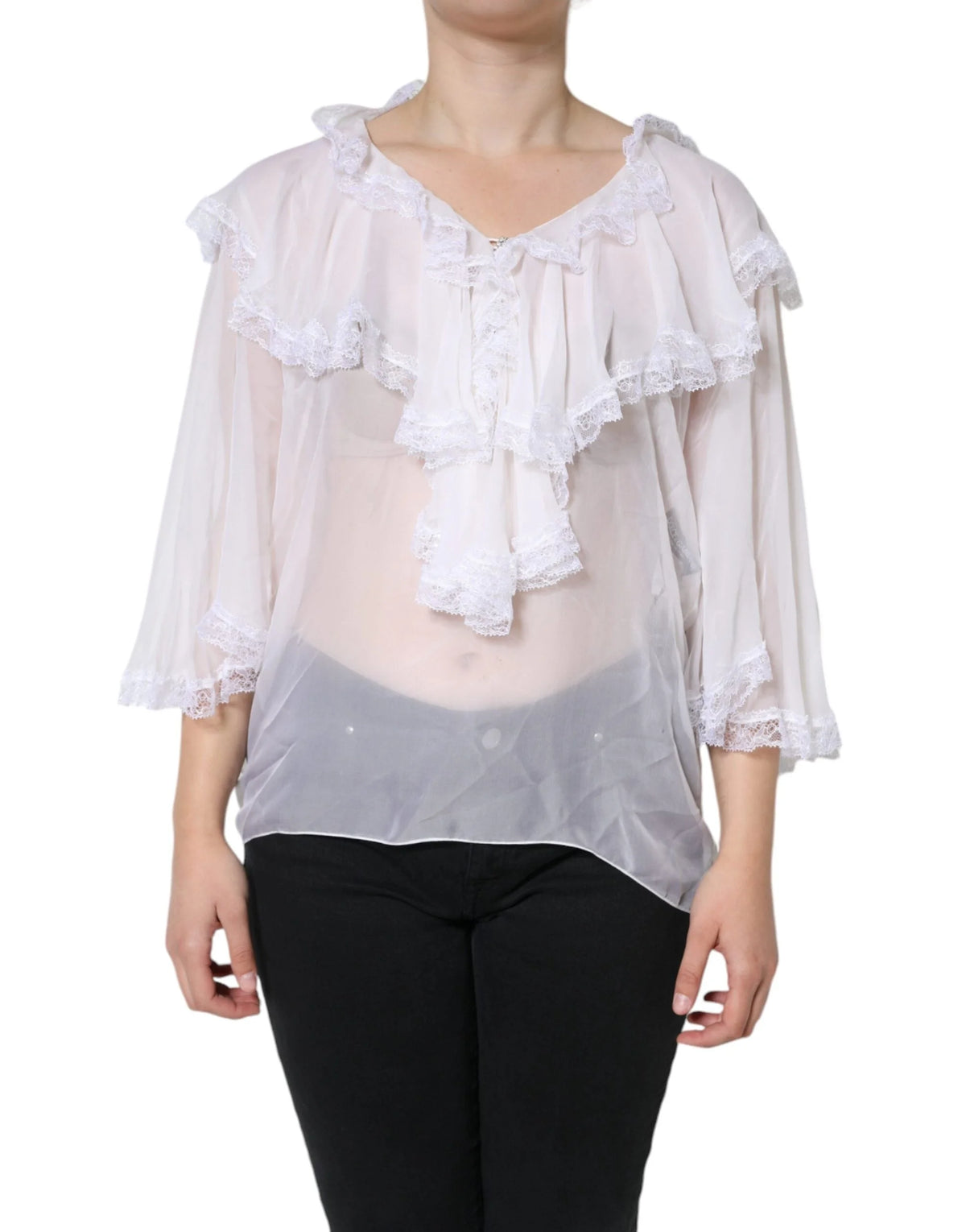 Dolce & Gabbana White Ruffles Lace Long Sleeve Blouse Top - IT44 | L - Blouses