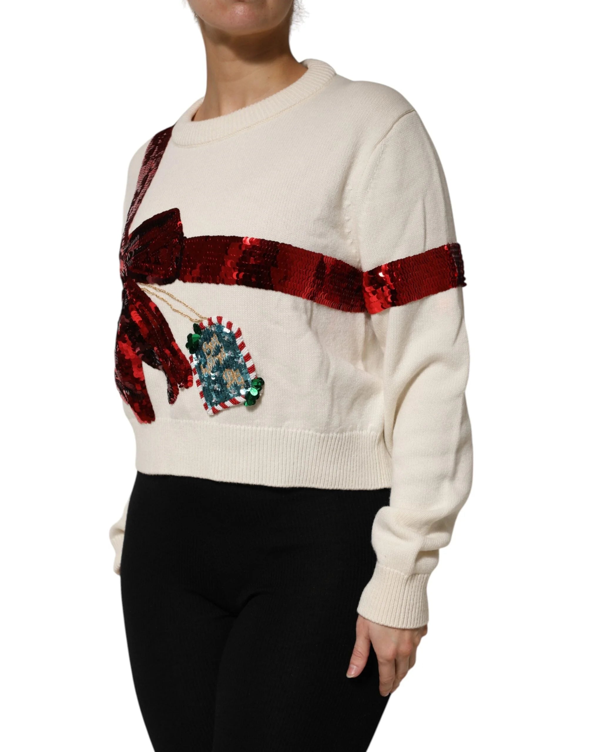 Dolce & Gabbana White Sequined Crew Neck Pullover Sweater - Sweaters
