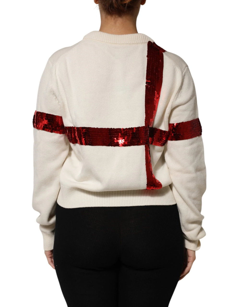 Dolce & Gabbana White Sequined Crew Neck Pullover Sweater - Sweaters