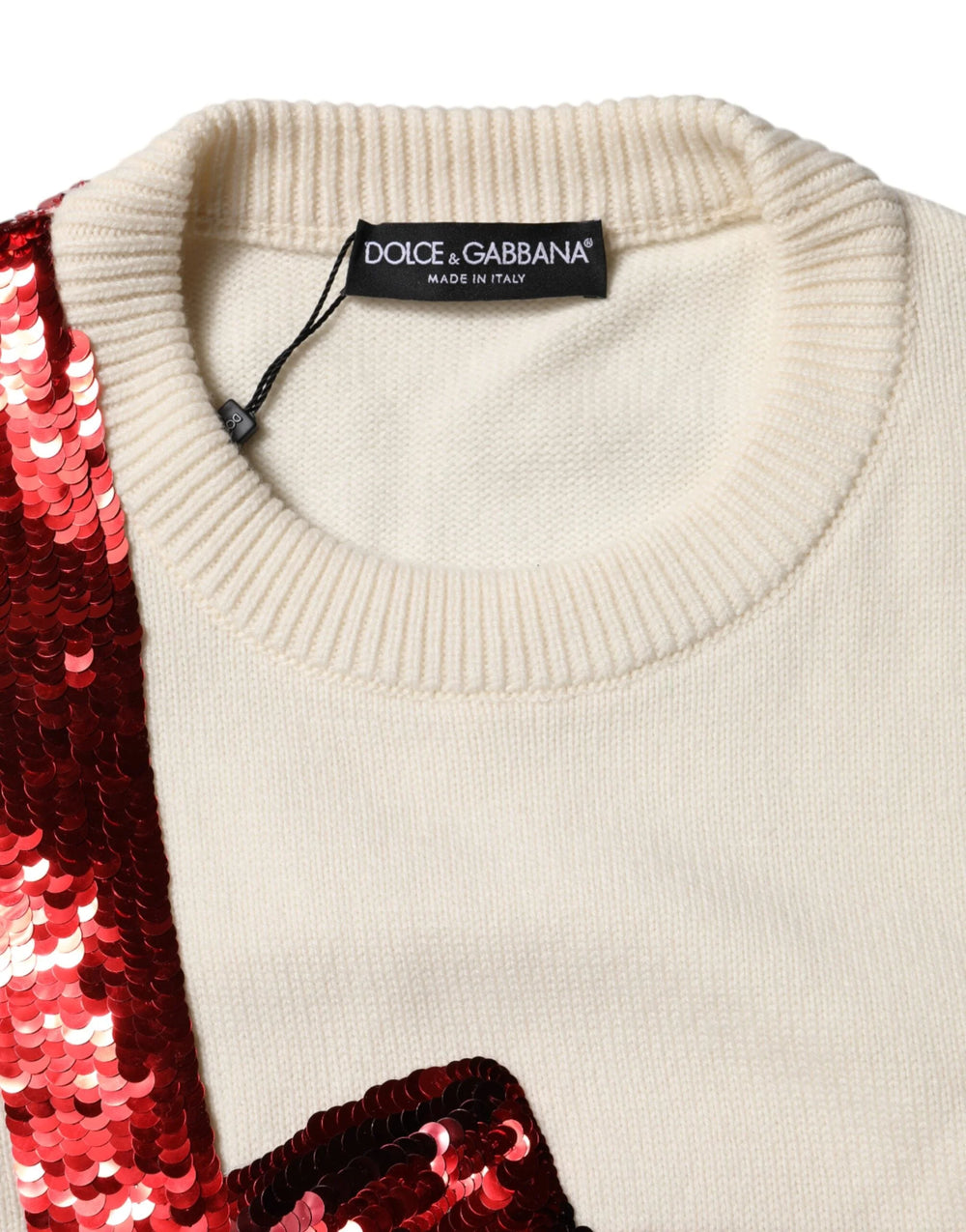 Dolce & Gabbana White Sequined Crew Neck Pullover Sweater - Sweaters