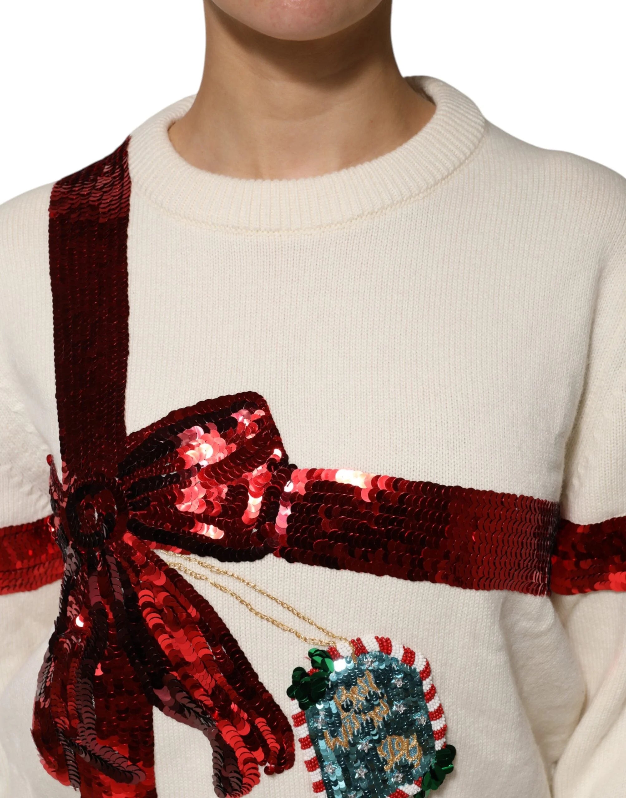 Dolce & Gabbana White Sequined Crew Neck Pullover Sweater - Sweaters