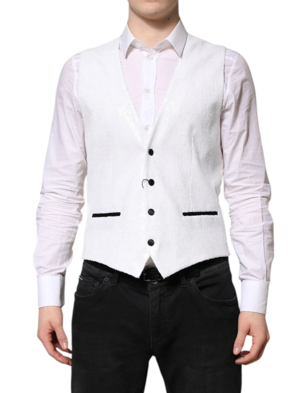 Dolce & Gabbana White Sequined Dress Formal Waistcoat Vest - IT48 | M - Vests