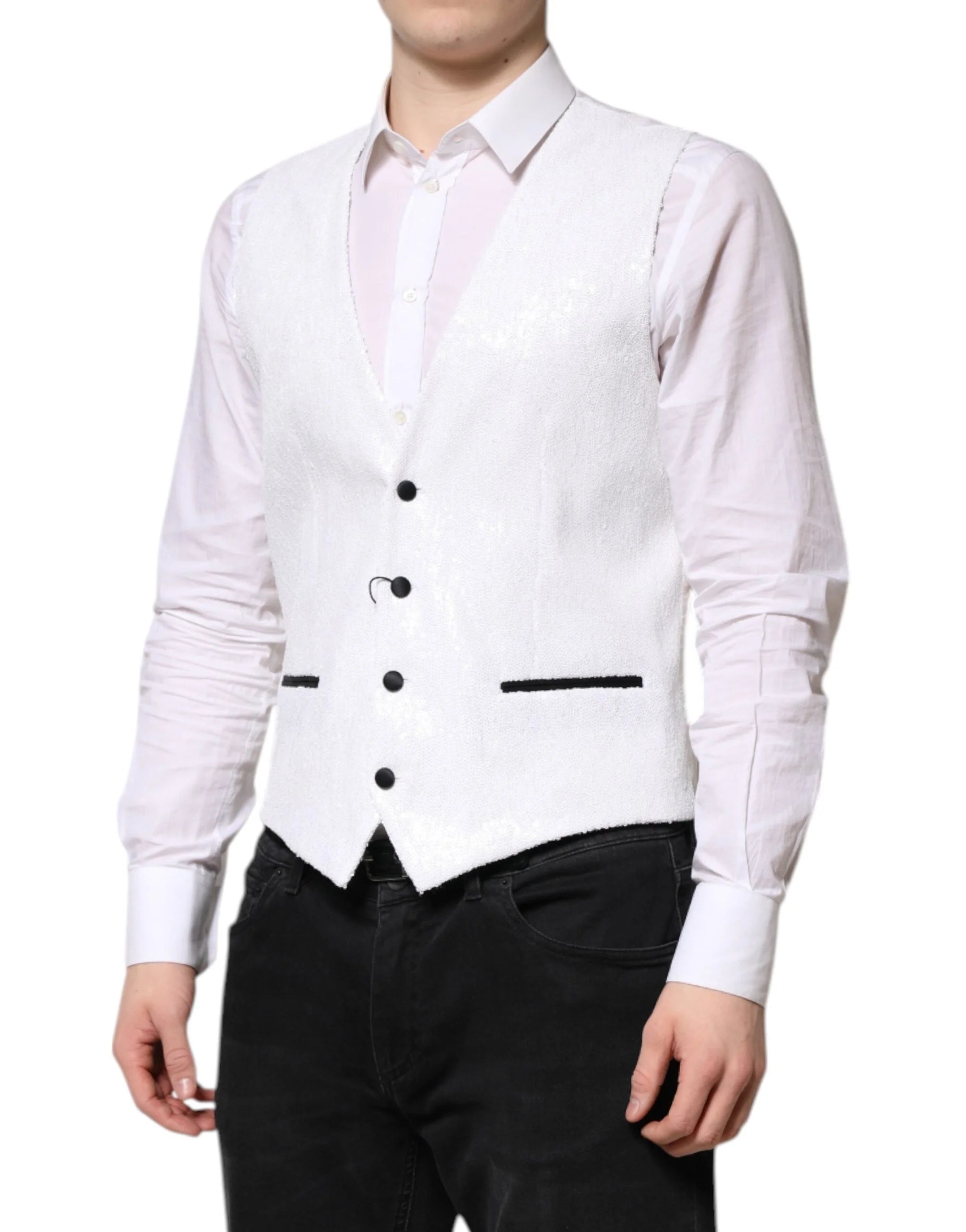Dolce & Gabbana White Sequined Dress Formal Waistcoat Vest - IT48 | M - Vests