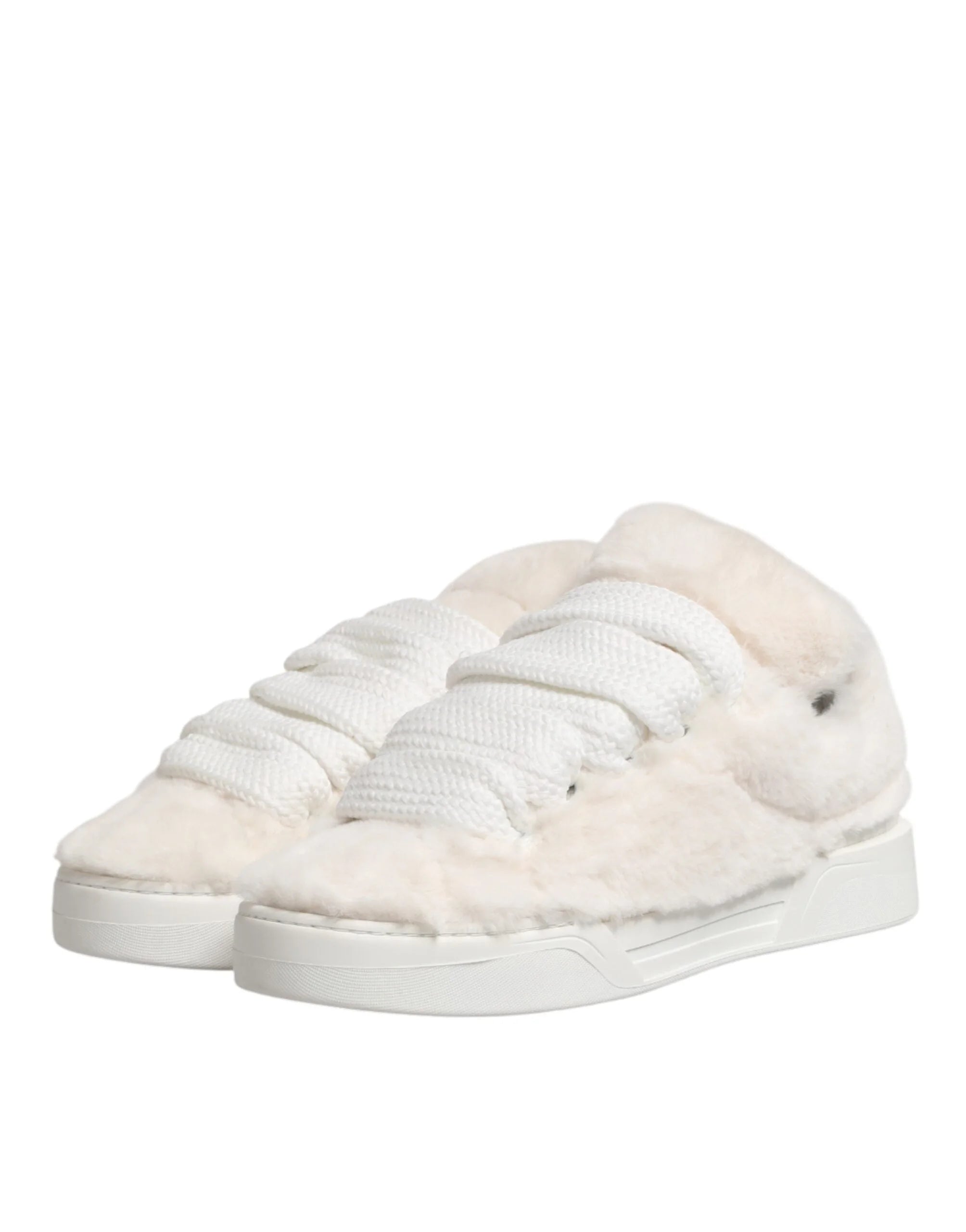 Dolce & Gabbana White Shearling Fur Bianco Low Top Sneakers Shoes - EU44/US11