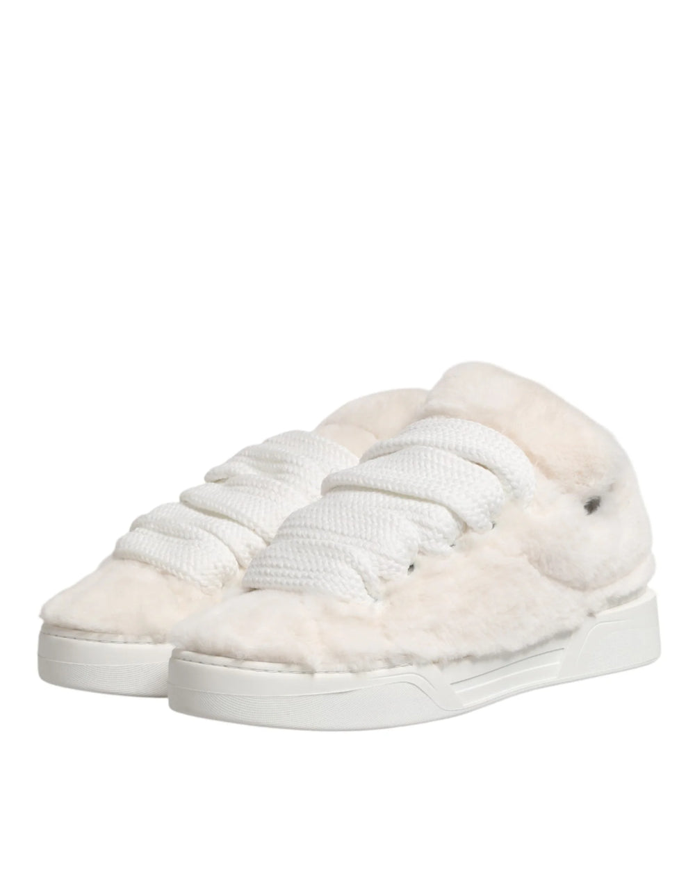 Dolce & Gabbana White Shearling Fur Bianco Low Top Sneakers Shoes - EU44/US11